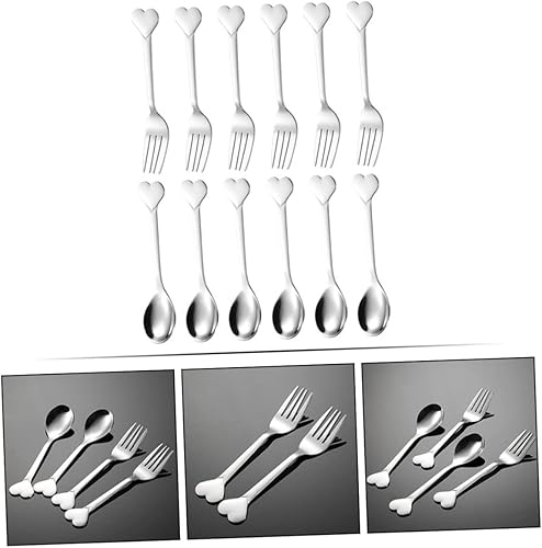 Miniatura 2 de Juego de 12 tenedores y cucharas de acero inoxidable en forma de corazón para postres, aperitivos de frutas y fiestas, cubiertos aptos para