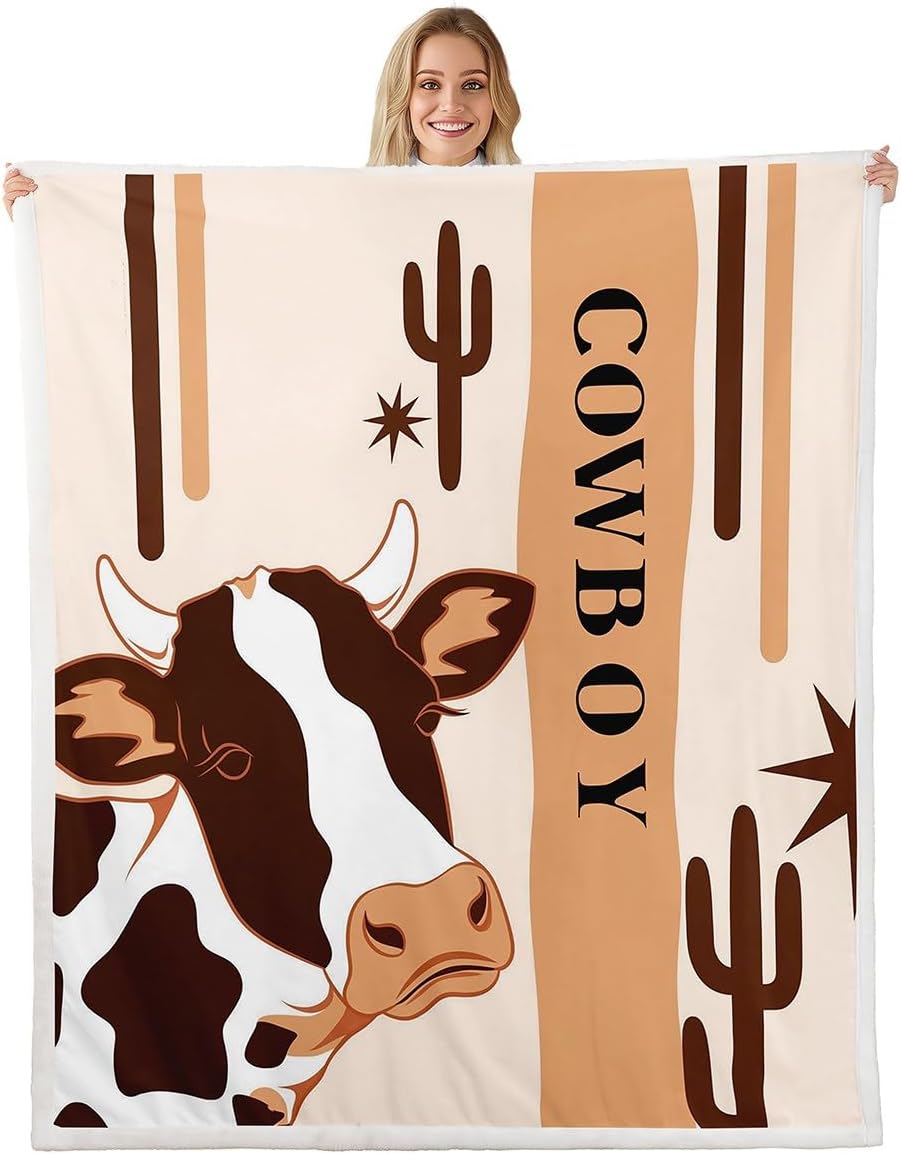 jejeloiu Cow Sherpa Blanket Cartoon Milk Cow Fleece Throw Blanket for Bed Sofa Couch Kids Boys Room Decor Wild Western Cowboy Farmhouse Cute Animal Plush Blanket Throw 50"x60" Cactus Fuzzy Blanket