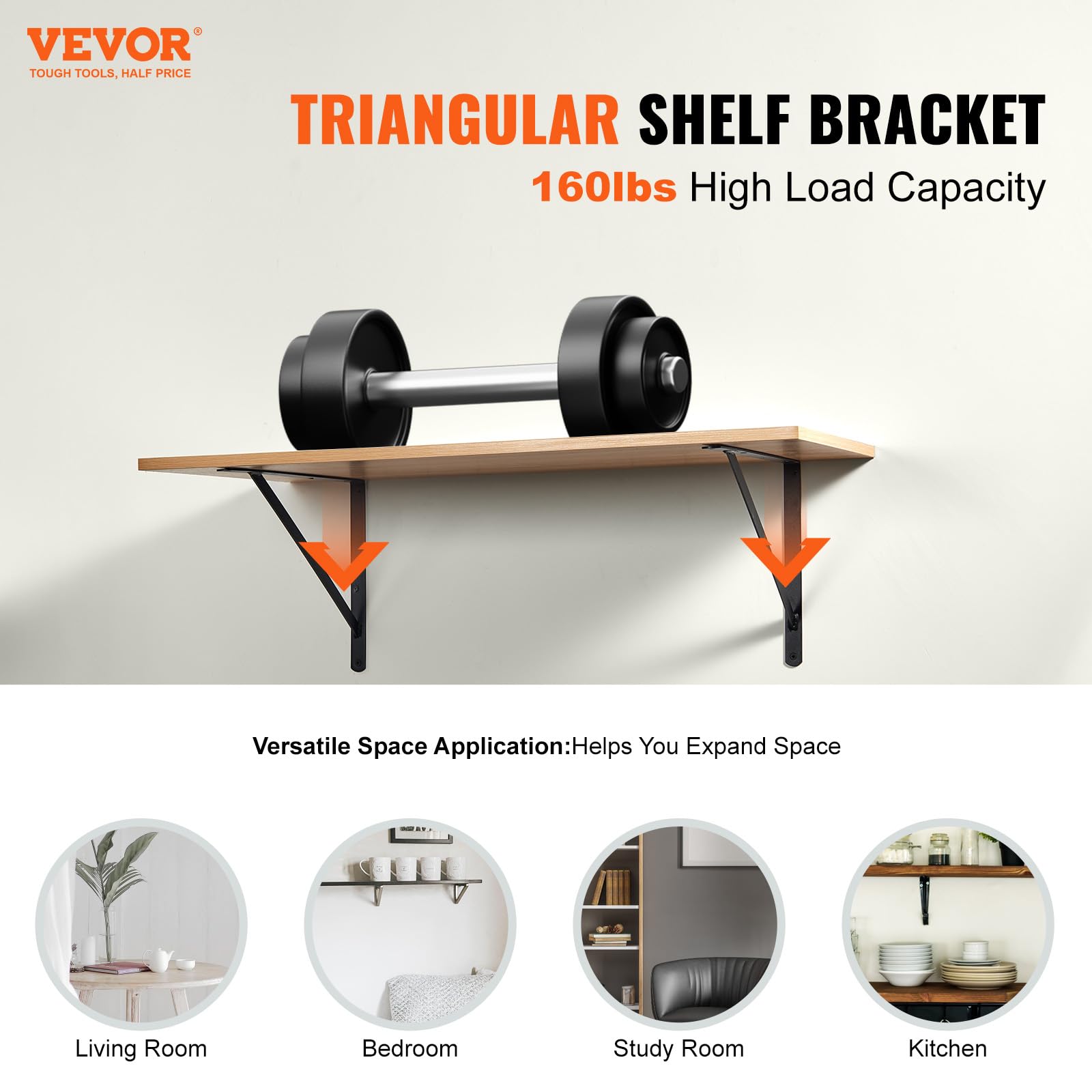 VEVOR Soporte de estante, juego de 12 soportes de montaje en pared duraderos de 18 x 12 pulgadas, diseño triangular negro mate de 3 mm, soportes de estante de acero, soporte de peso de 160 libras
