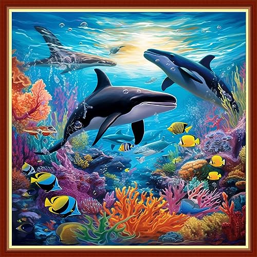Image of Foxhool Beginners Cross Stitch Kits Stamped Full Range of Embroidery Kits for Adults DIY Cross Stitches kit Embroidery Patterns for Needlepoint kit-Underwater World 17.7x17.7 inch