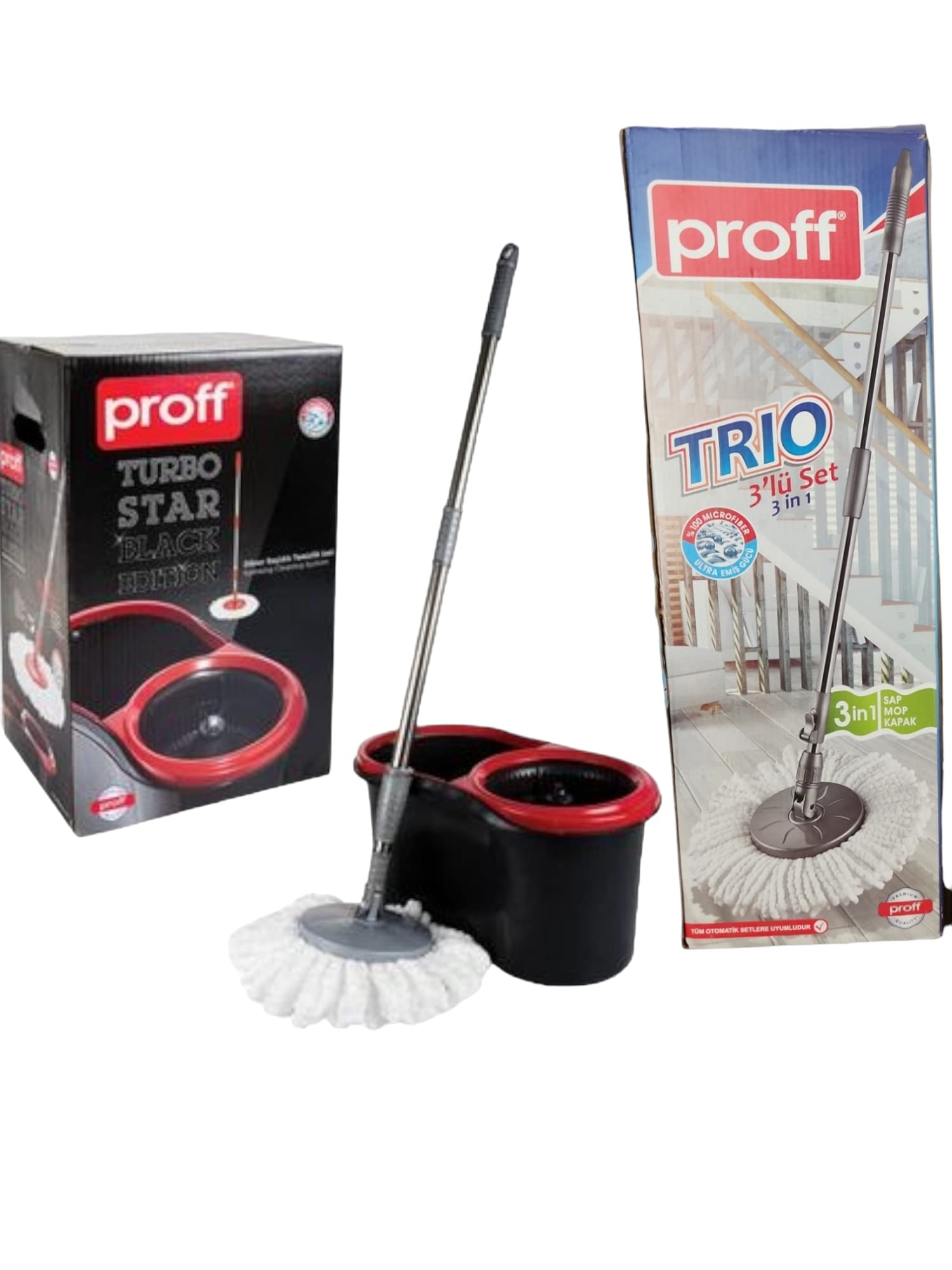 REKO - Turbo Star Spin Mop and Buckets Sets, Microfibre Flat Mop Bucket wirh 1 extra trio Telescopic Handle, Mop and Bucket Kit for a Deep Clean with Two Refills, RED and BLACK
