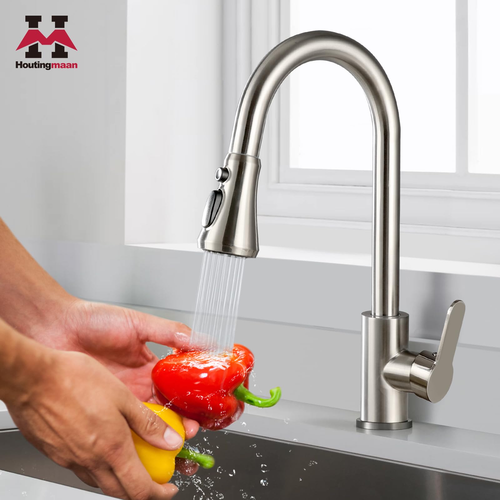 Tête de pulvérisation de rechange pour robinet de cuisine à 3 fonctions avec 11 adaptateurs compatibles avec Delta, Moen, Kohler, Hansgrohe, Grohe, Pfister, Nickel brossé