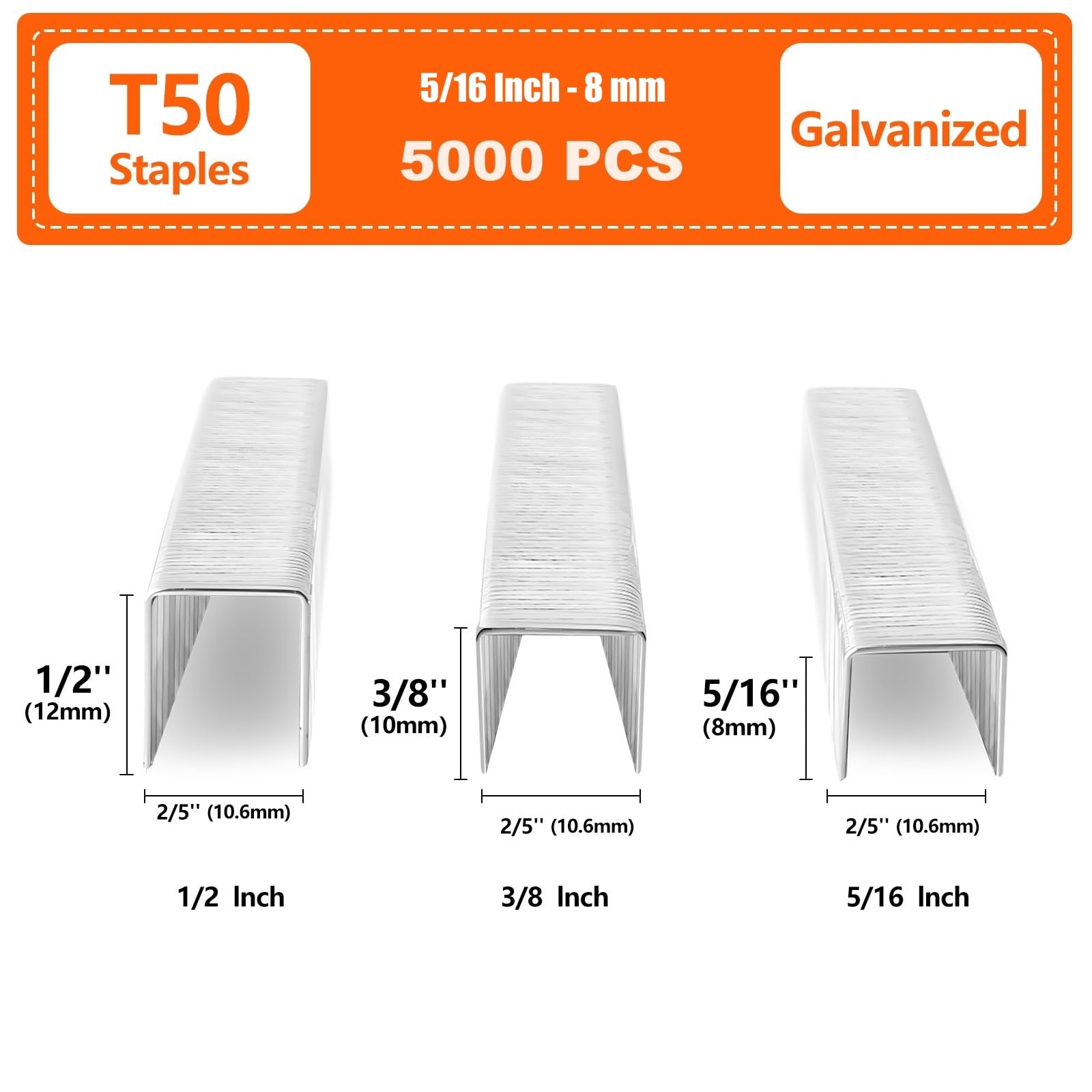 Grapas resistentes T50 de 5/16 pulgadas, 5000 unidades, calibre 20 galvanizadas, para pistola grapadora neumática, eléctrica, manual T50