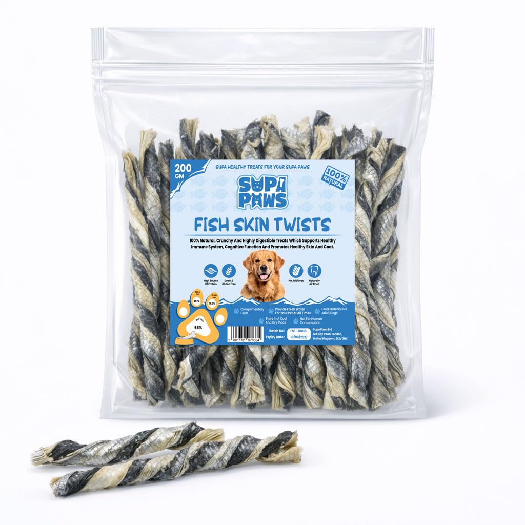 Supa Paws 200g Fish Skin Twists for Dogs 100% Natural White Fish Skin Twists Jerky Dog Treat, Hypoallergenic Dog Food & Grain Free Dog Chews, Dental Pet Treat, High Protein Dog Snacks