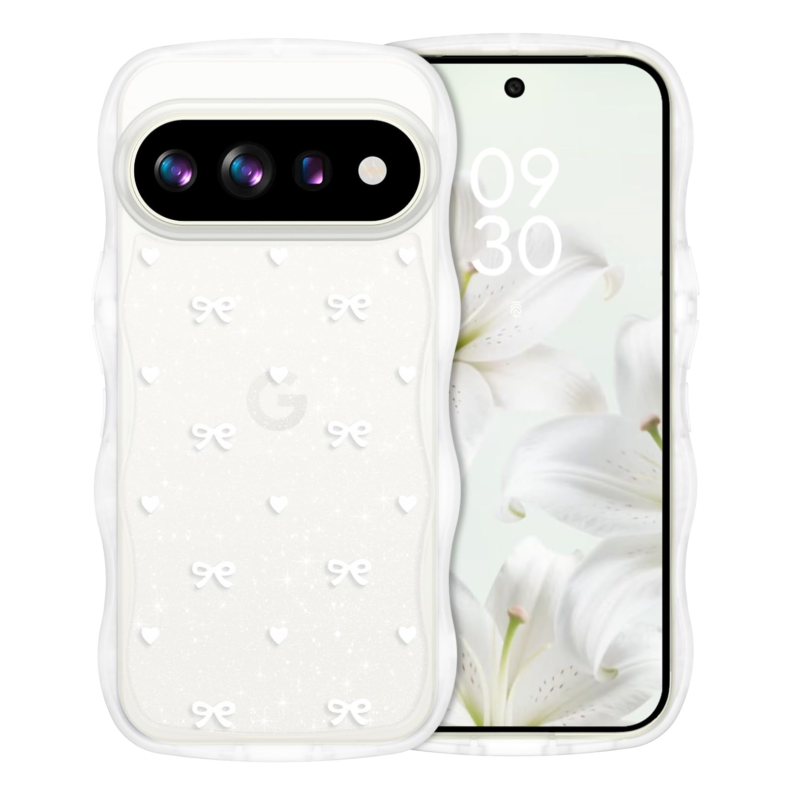 GUAGUA Google Pixel 11/11 Pro ケース クリア ウェーブ ハート＆リボン キラキラ グーグルかわいい スマホカバー