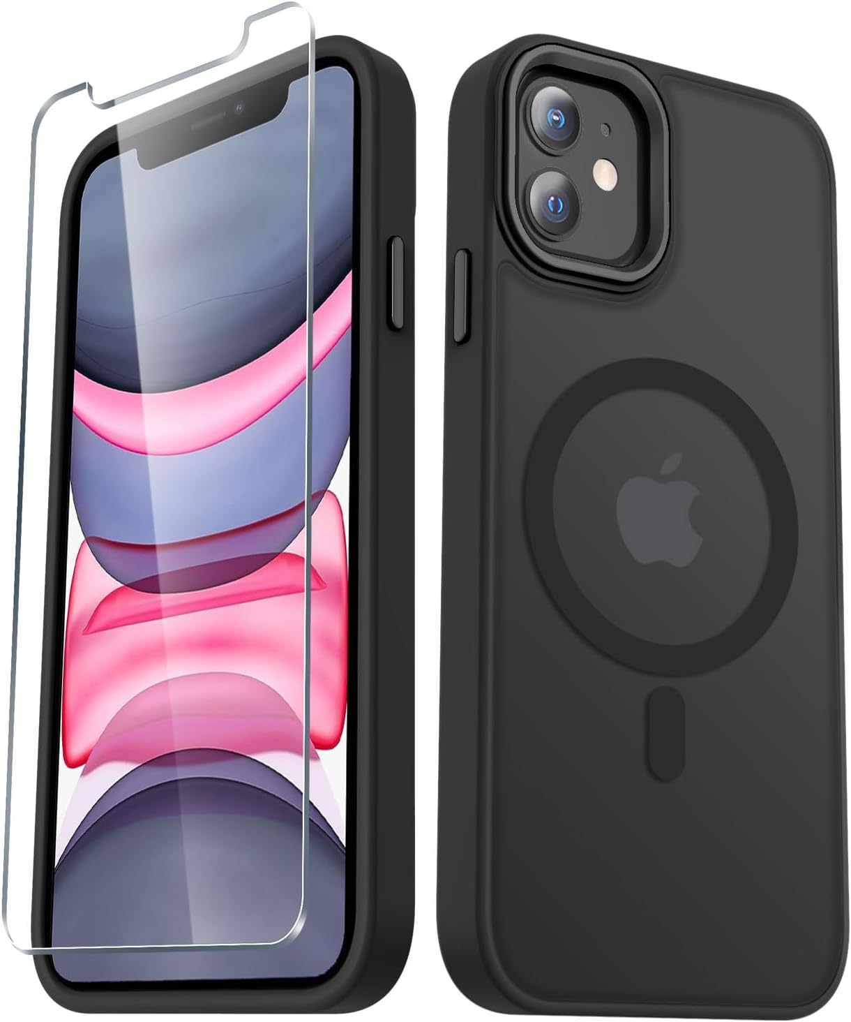 YENAPOON for iPhone 12 Case, iPhone 12 Pro Case, with 1 Screen Protector, Matte Magnetic Slim Phone Cover, Support for Magsafe, Shockproof Protection Translucent Frosted Back,Black