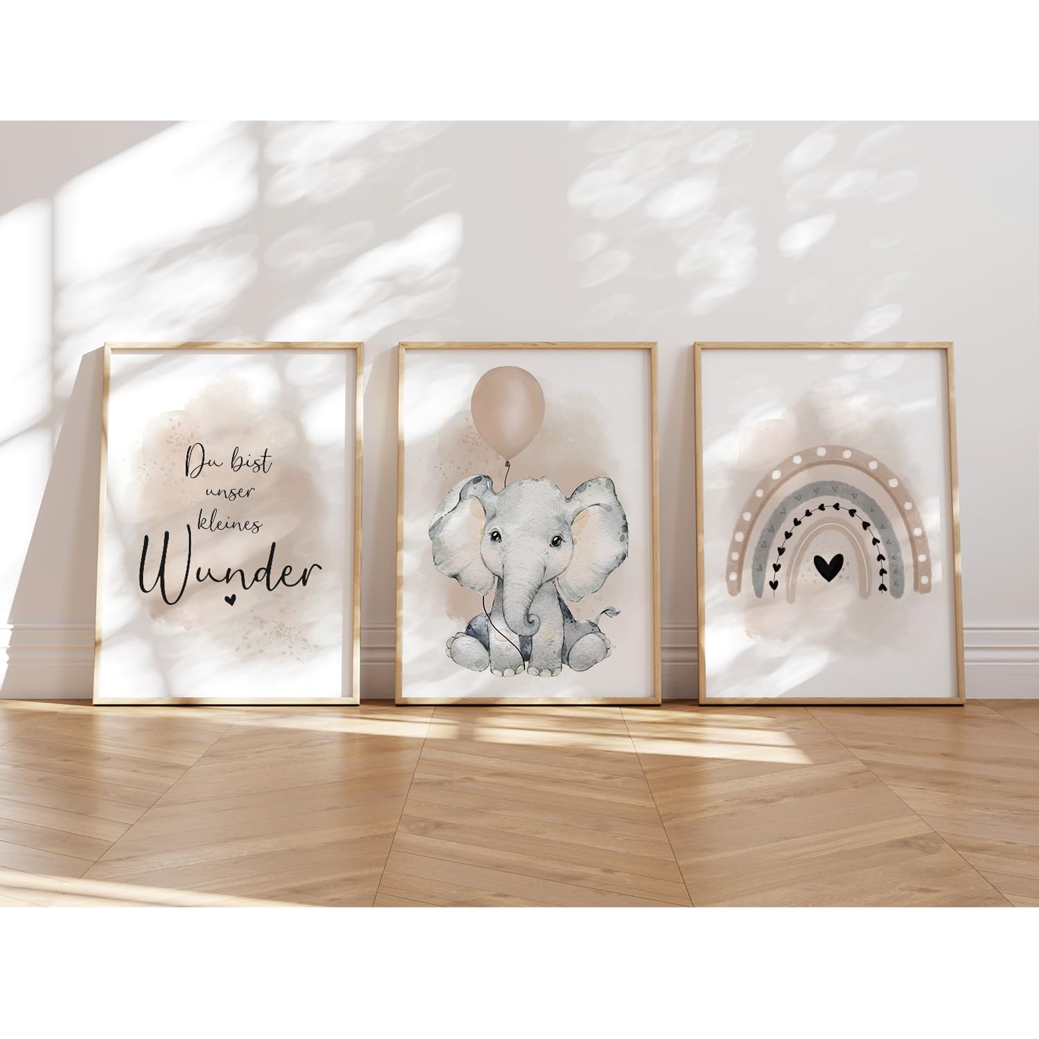 MeinBaby123® I Bilder Kinderzimmer | 3er Set DIN A4 Poster Set | Wandbilder | Kinderzimmer Poster | Deko Bilder Kinderzimmer Mädchen und Jungen | Wandposter Premium(Elefant & Luftballon beige)