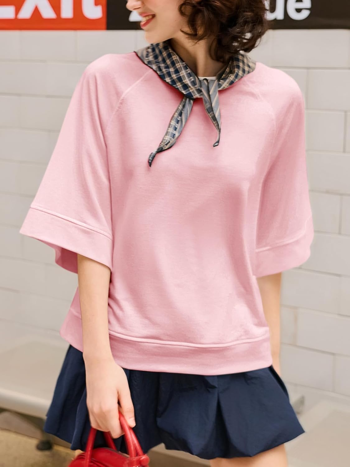 Tankaneo Womens Oversized Half Sleeve T-Shirts Crew Neck Boxy Basic Tees Tops Summer Casual Loose Fit Tunic Shirts - Image 2