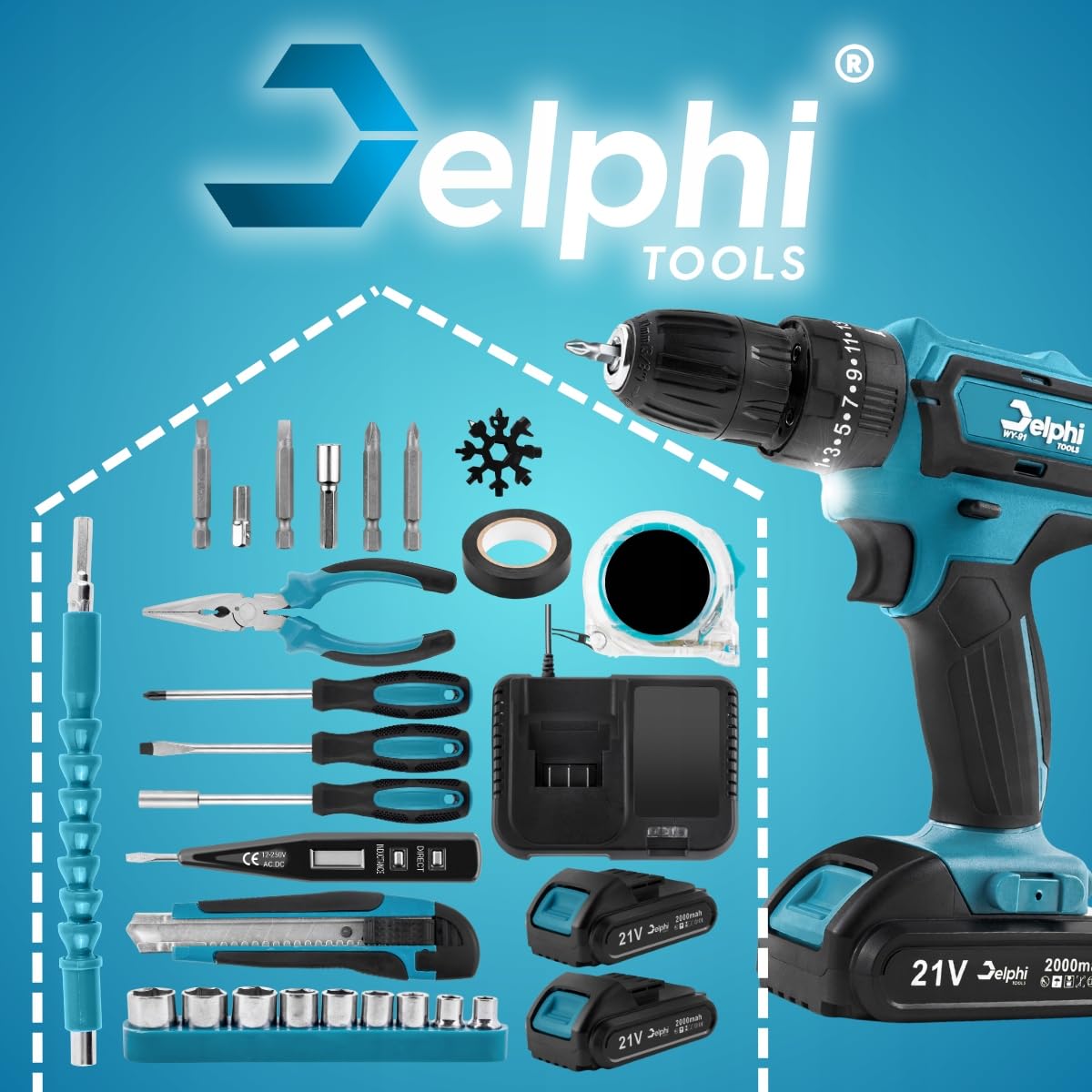 Delphi Atornillador inalámbrico de 21 V 2 baterías 2 Ah 50 Nm 2 marchas 25 niveles de par de torsión, luz LED maletín taladro inalámbrico ideal para proyectos de bricolaje