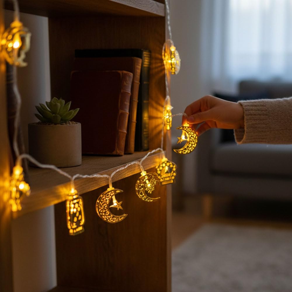 Coverzone 10’lu 2 Metre Pilli LED Ramazan Kandil Temalı Dekoratif Işık, Sarı Işık 2 Modlu Aydınlatma, Oda Balkon ve Duvar Süsleme İçin Uygun,Şık Tasarım-CK1 (Ramazan Işığı, 10 Lu 2 Metre)