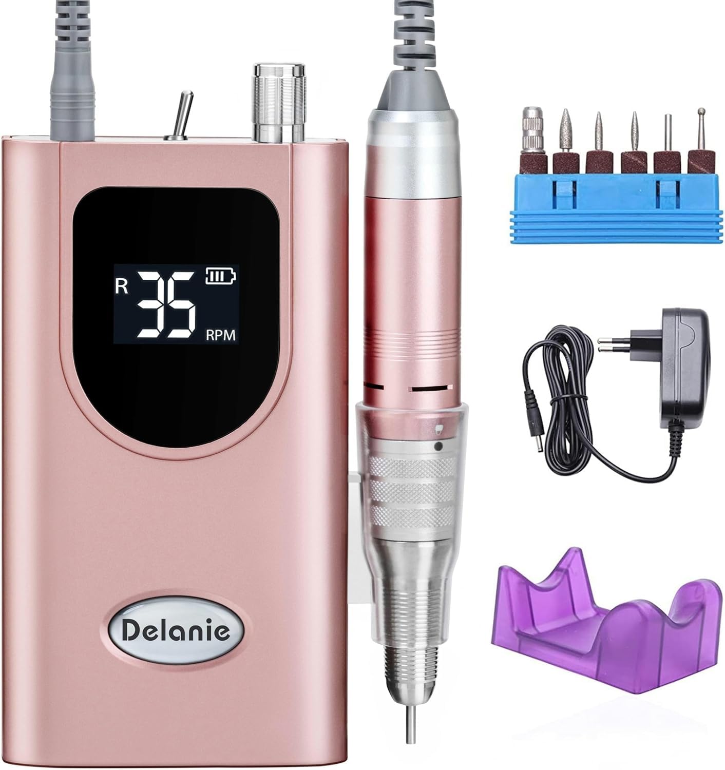 Elektrische Nagelfräser 35000 U/min, Delanie Wiederaufladbare Fräser für gelnägel Nagellack, Maniküre set Elektrische Nagelfeile mit Nagel bits, Einstellbare Geschwindigkeit und Richtung -rosagold