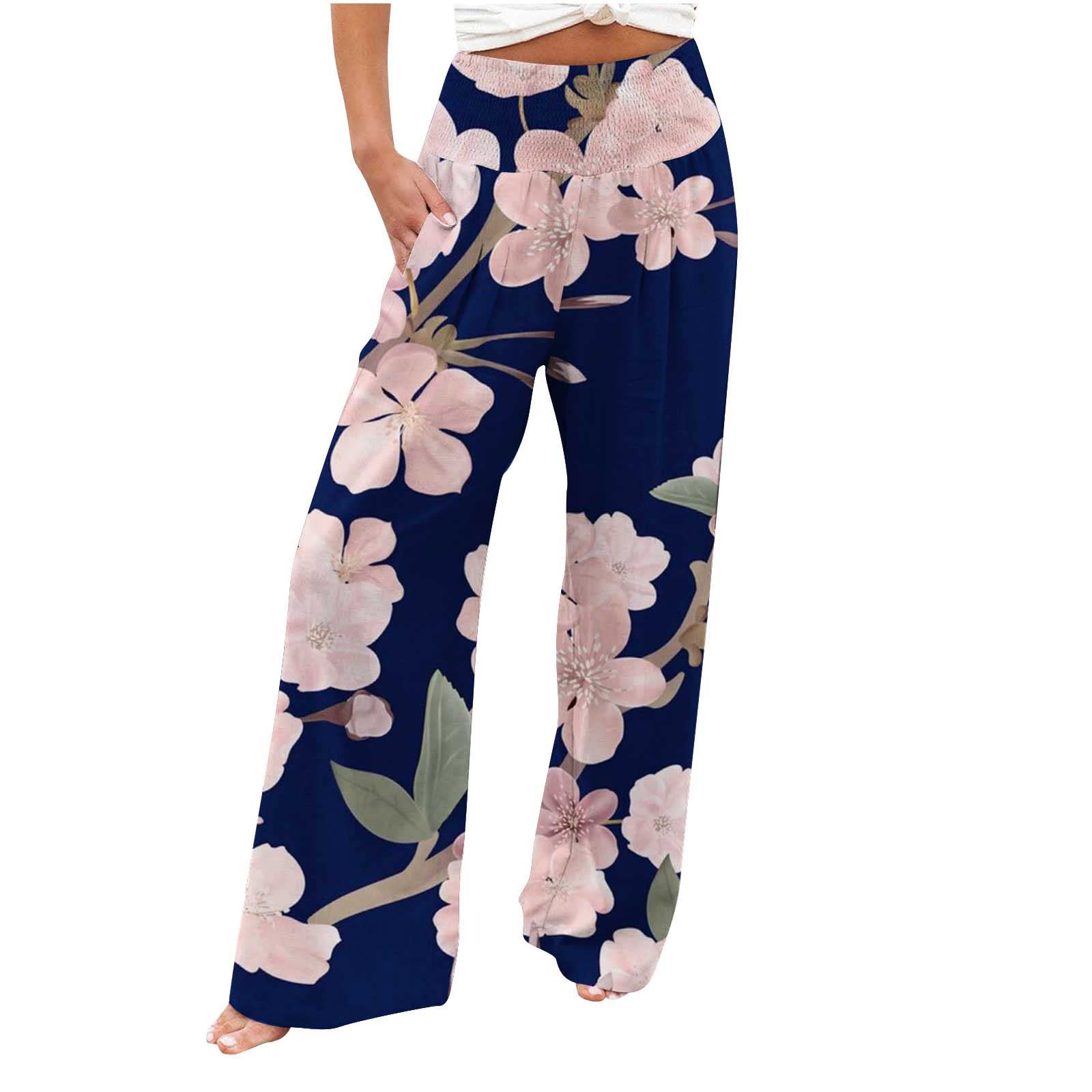 AMhomelyPalazzo Pants for Women Casual Printing Pockets Elastic Waist Comfortable Straight Loose Pants Classic Lightweight Workout Tracksuit Bottoms for Yoga Fitness Running