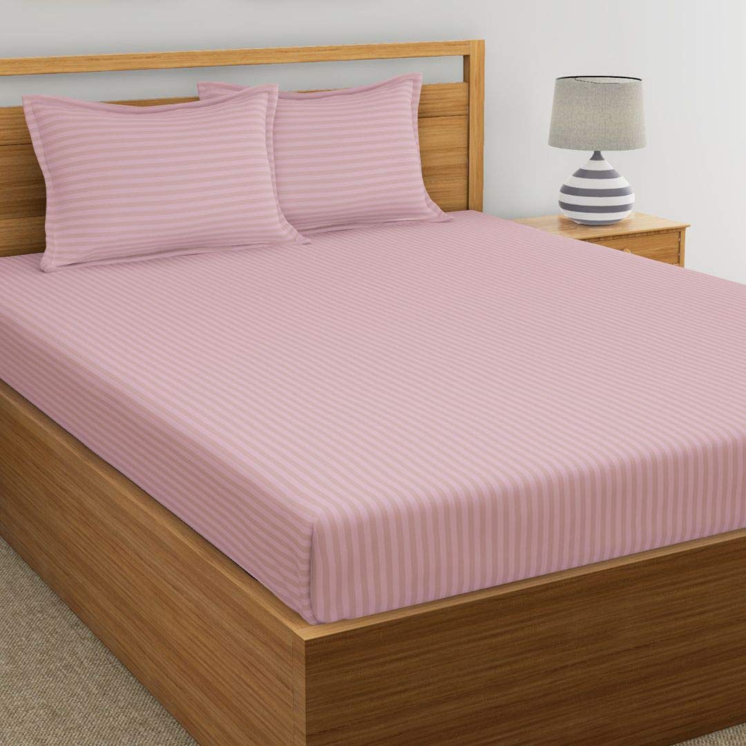 Dreamscape 220 TC Cotton Self-Striped Double Bedsheet with 2 Pillowcase (King, Pink)