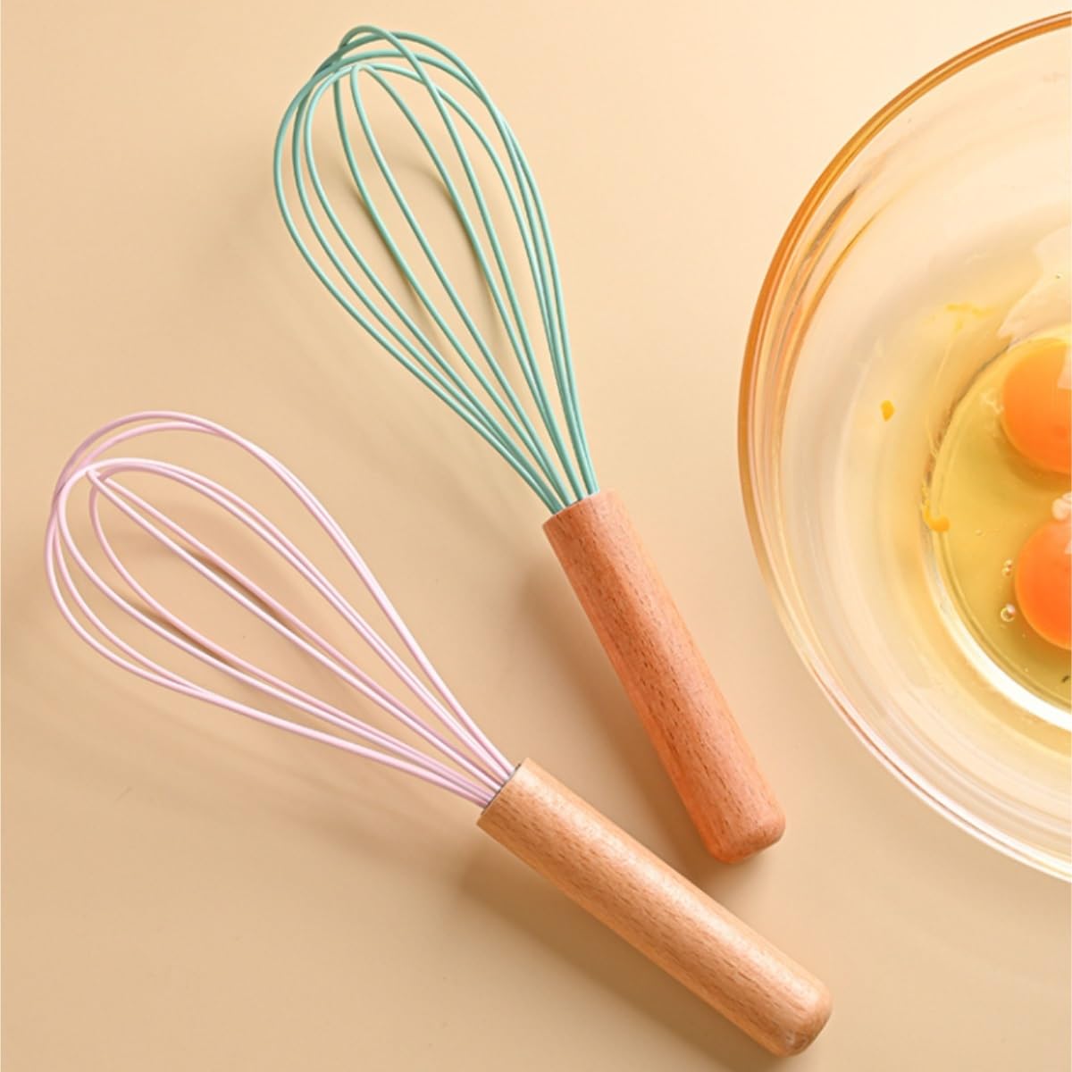 Frusta da Cucina Sbattitore Manuale Frullino for Uova in Silicone Manuale con Manico in Legno Portatile Cottura for Classico A Palloncino Frullatore Efficiente(White)