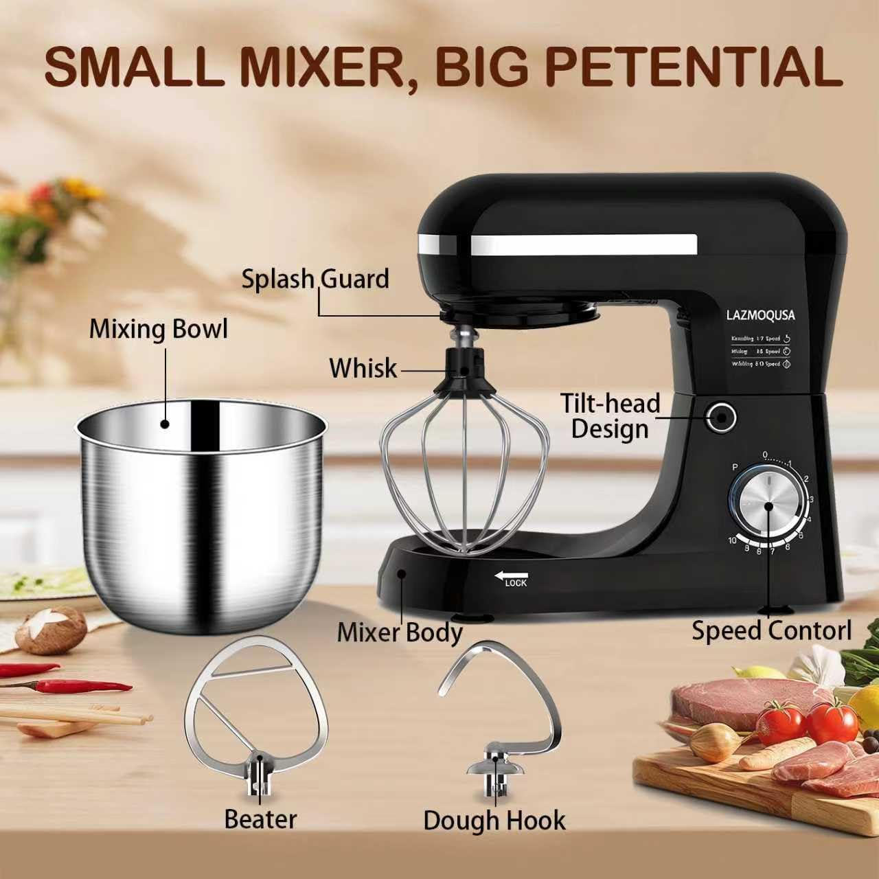 3 in 1 Electric Stand Mixer with 5.5 Quart Bowl, Household Food Mixer 10+p Speeds, Kitchen Tilt-Head Bread Dough and Cake Mixers for Home Daily Use (Black)