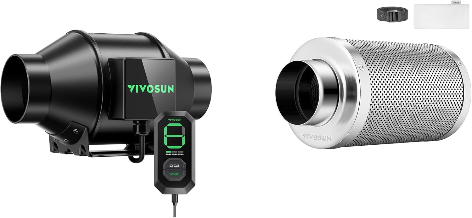 VIVOSUN AeroZesh G4 4-inch 195 CFM Inline Duct Fan with E12 Speed Controller and 4 Inch Air Carbon Filter Smellines Control with Australia Virgin Charcoal for Inline Duct Fan, Grow Tent