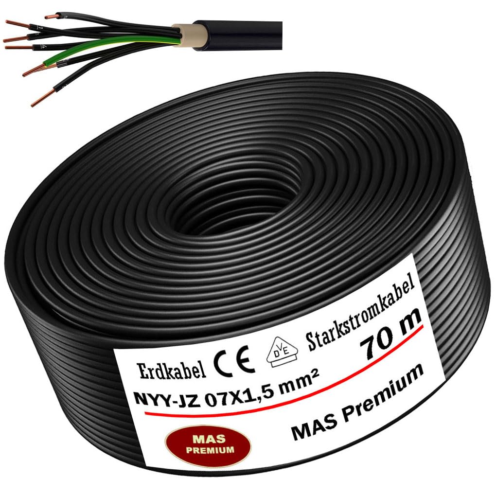 MAS Premium Cable subterráneo de alta potencia 5 – 100 m NYY-JZ 7 x 1,5, 2,5 o 4 cables eléctricos anillo para instalación al aire libre, tierra (NYY-JZ 7 x 1,5 mm², 70 m)