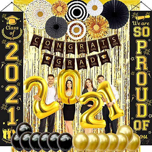Graduation Decorations 2021 - Graduation Party Supplies Including Congrats Grad Banners, Porch Sign, Paper Fans, Balloons, Foil Curtains for Graduation Party Decorations