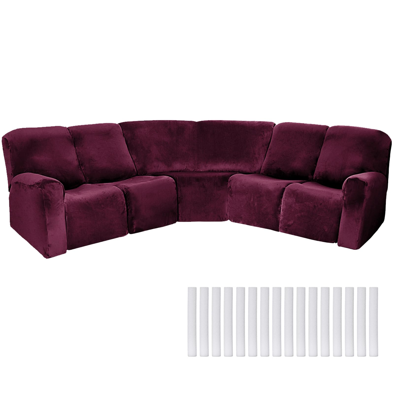 7 Pcs L Shape Sectional Recliner Sofa Covers 5 Seat Sectional Couch Covers Milk Silk Velvet Stretch Reclining Sofa Cover Sofa Slipcover Furniture Protector for Living Room (Wine Red,Velvet)