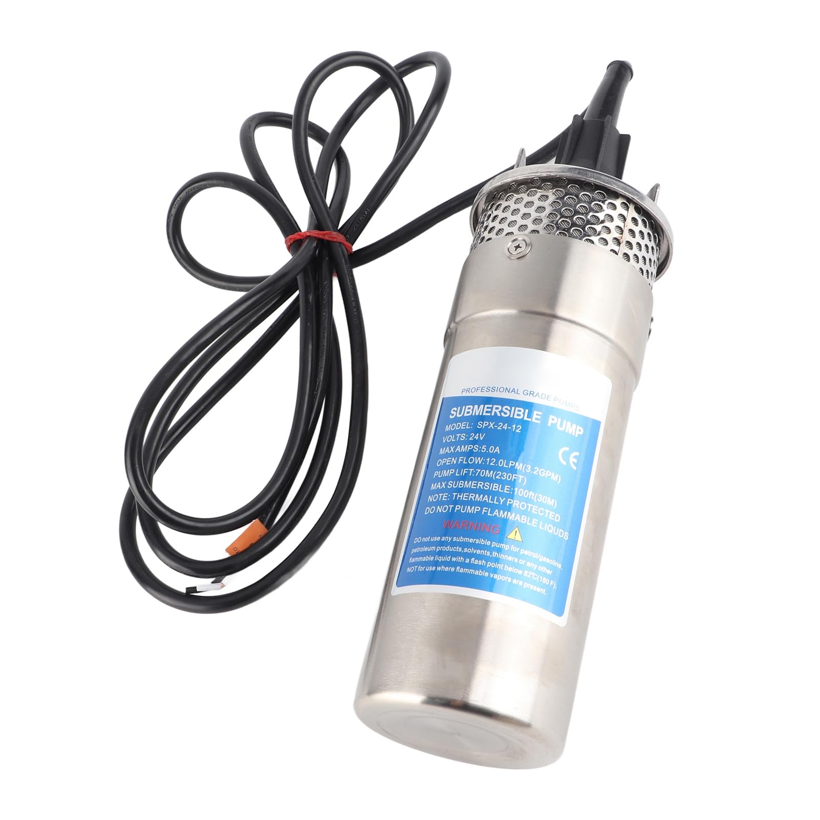 Wakects Bomba de Agua de Pozo Sumergible de 24 V, Bomba de Agua Solar de Acero Inoxidable 5 A 12 LPM 70 M de Cabeza Protección contra Funcionamiento en Seco para Estanque de Riego de Pozos Profundos