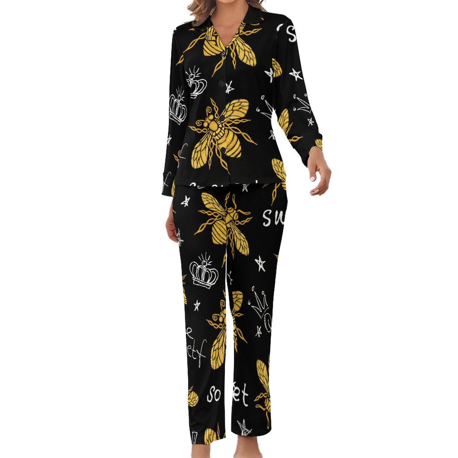 Honey Bee Queen Women's Pajama Sets Sleepwear Long Sleeve Shirt Top and Pants 2 Pieces Pjs L