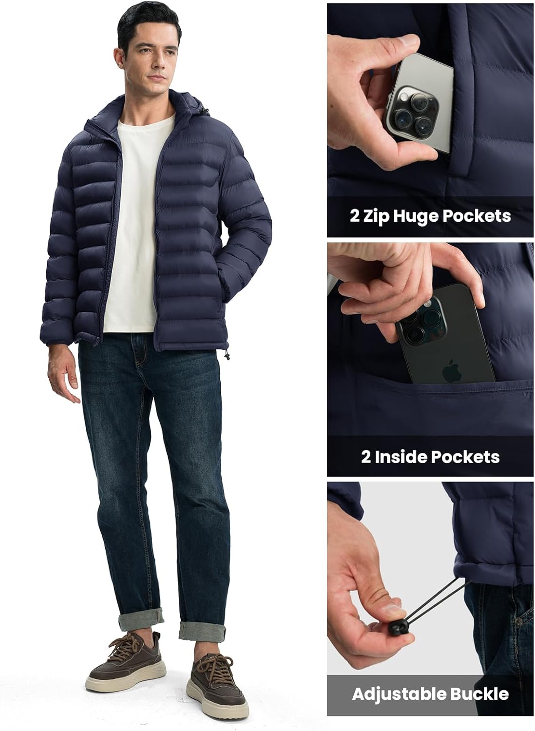 TBMPOY Men's Lightweight Puffer Jackets Detachable Hood Water-Resistant Casual Winter Coat Hooded Insulated for Travel Ski - Image 5