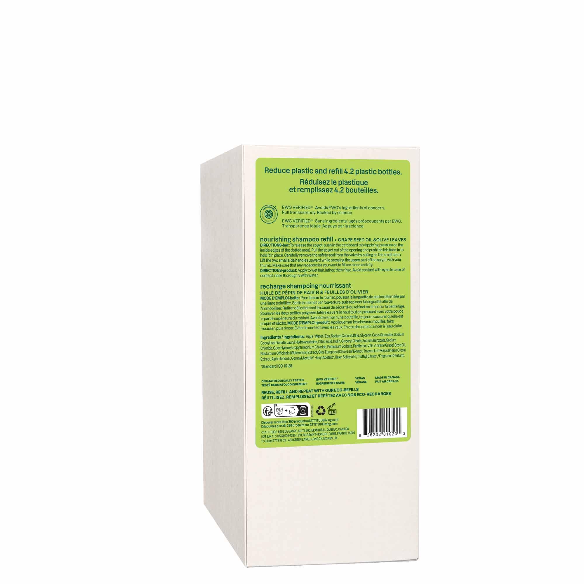 ATTITUDE Champú nutritivo para el cabello, verificado por EWG, para cabello seco y dañado, ingredientes derivados naturalmente, vegano, aceite de semilla de uva y hojas de oliva, recambio a granel, 2