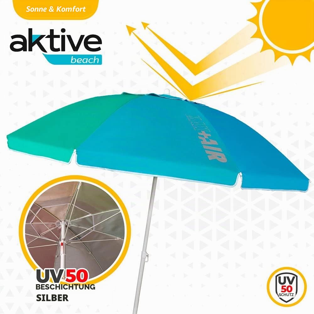 AKTIVE Großer Strandschirm, UV50-Schutz, neigbar und höhenverstellbar, Stahlstange, Oxford-Gewebe, 8 Streben, große Sonnenschirme, Tragetasche mit Griff, 220 cm
