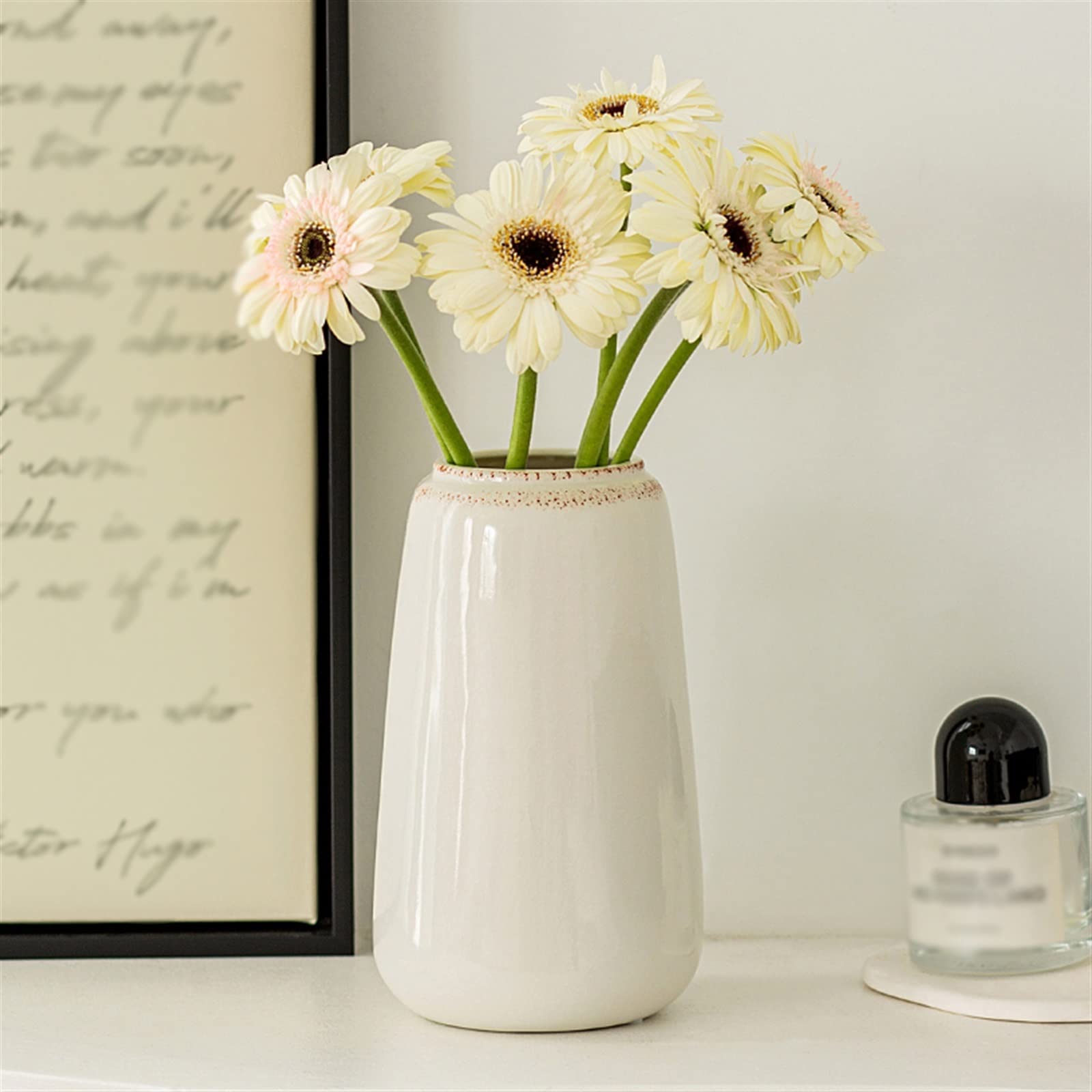 Jarrón Florero pequeño de cerámica Blanca, decoración Flores salón, arreglo secas hidropónicas, Maceta, florero Simple Retro Jarrón para Mesa(Grande)