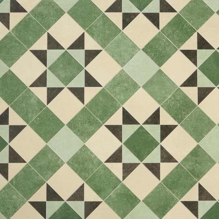 Tile Effect Vinyl Flooring Roll Green Victorian Felt Back Lino Flooring for Kitchens, Bathrooms and Hallways 2m 3m Width 2m To 7m Length (Atkinson, 3m x 3m)