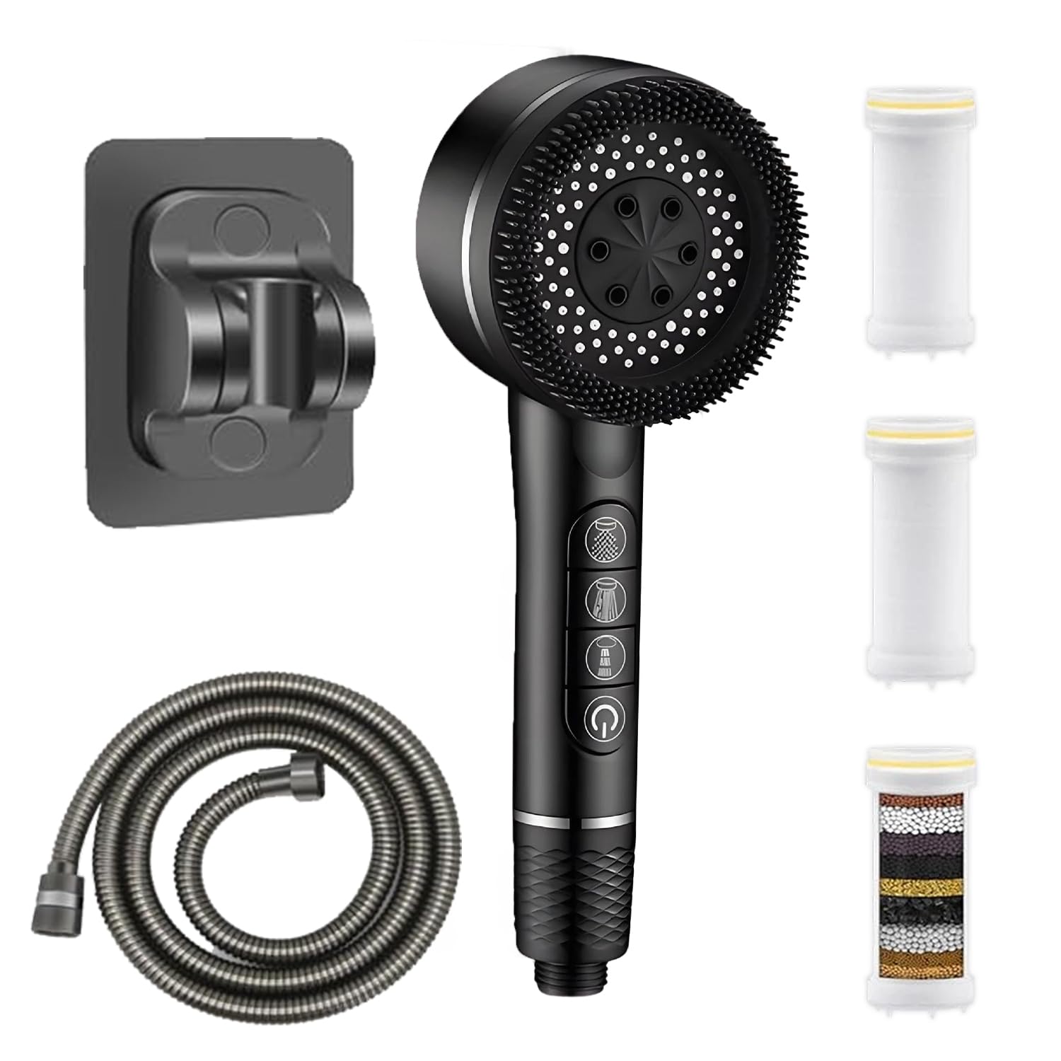 High Pressure Shower Head Set, with Hose & 3 Filters, Black Shower Head High Pressure with 4 Spray Modes, Filtered Shower Head for Hard Water, Power Shower Head for Bathroom Fixtures UK Home