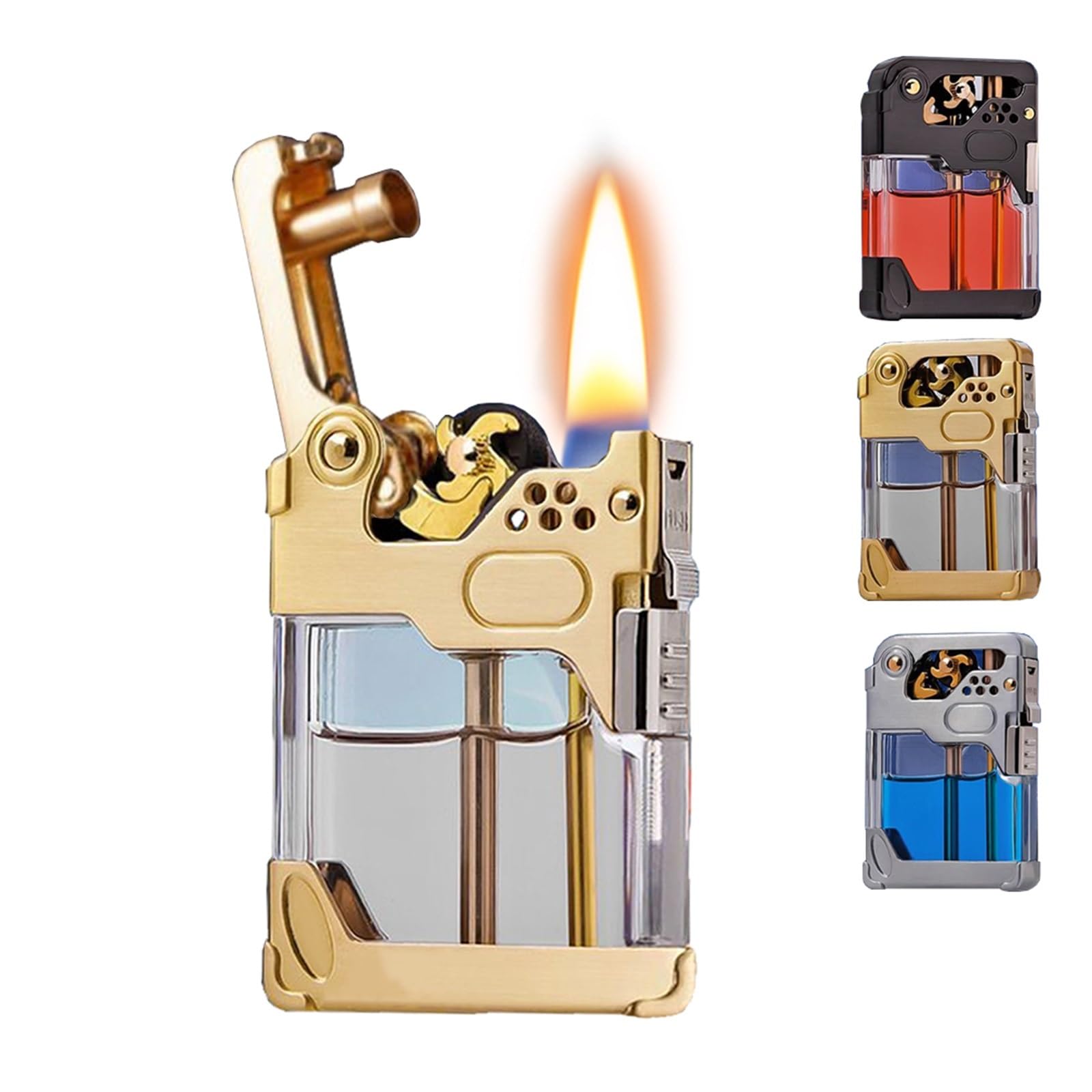 Mecha Briquet à kérosène en métal - Design rétro coupe-vent avec verrouillage de sécurité - Réservoir de carburant transparent - Idéal pour l'extérieur, les cadeaux et les collectionneurs