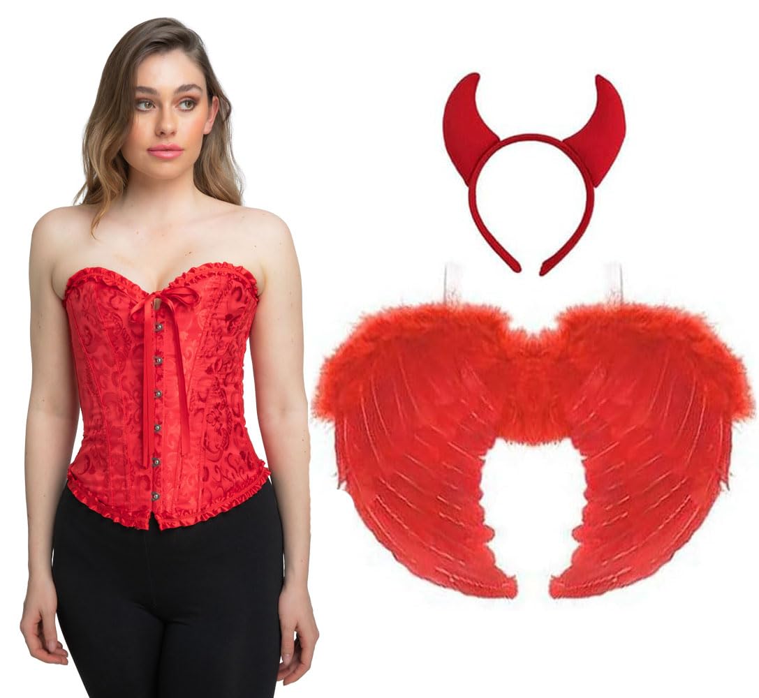 jokeshop Red Devil Corset Set - Satin/Lace Corset, Feather Wings & Horns on Headband Halloween Fancy Dress (Large)