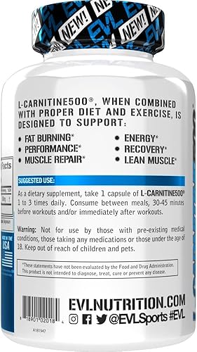 Miniatura 4 de Evlution Nutrition L-Carnitine500 500 mg de tartrato de L Carnitina en cada porción sin estimulantes cápsulas 120 porciones Cápsulas