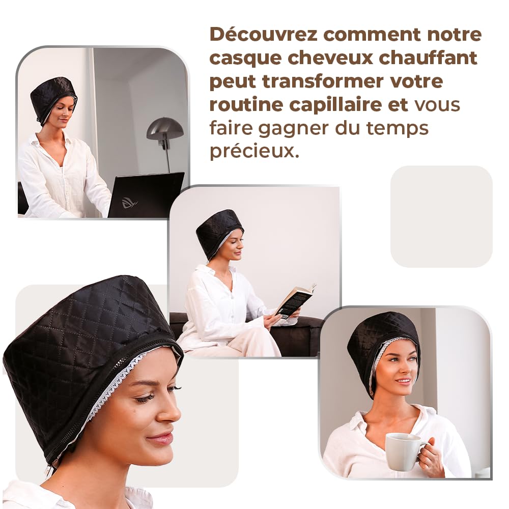 TAGUY | Casque chauffant cheveux | Gagnez du temps et prenez soin de vos cheveux n’importe où | Bonnet chauffant cheveux | Vos soins capillaires à la maison comme en voyage | Garantie 30 jours