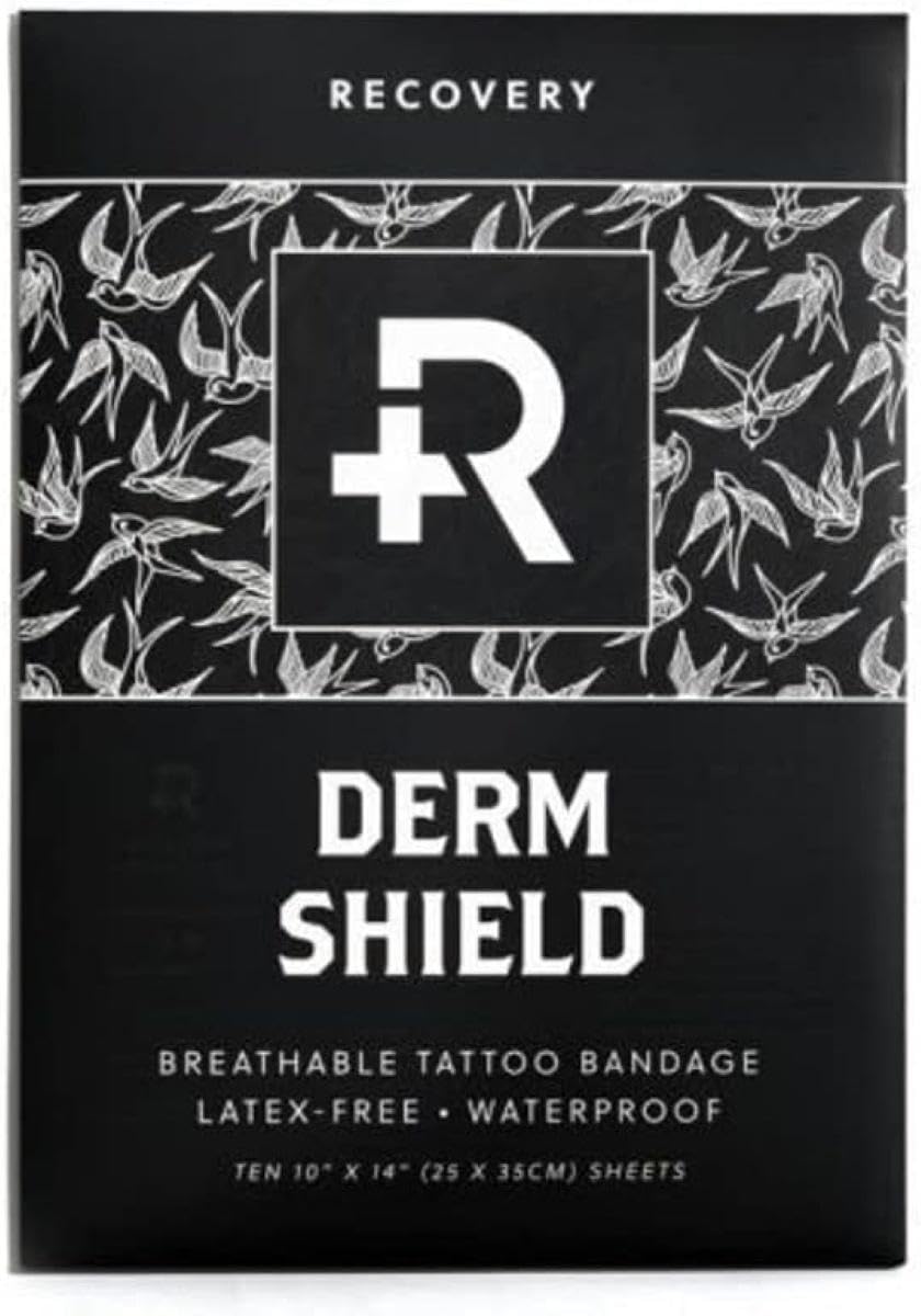 Recovery Derm Shield Tattoo Aftercare Bandages - Transparent, Waterproof Adhesive Bandages - 10 x 14 Inches, 10 pack