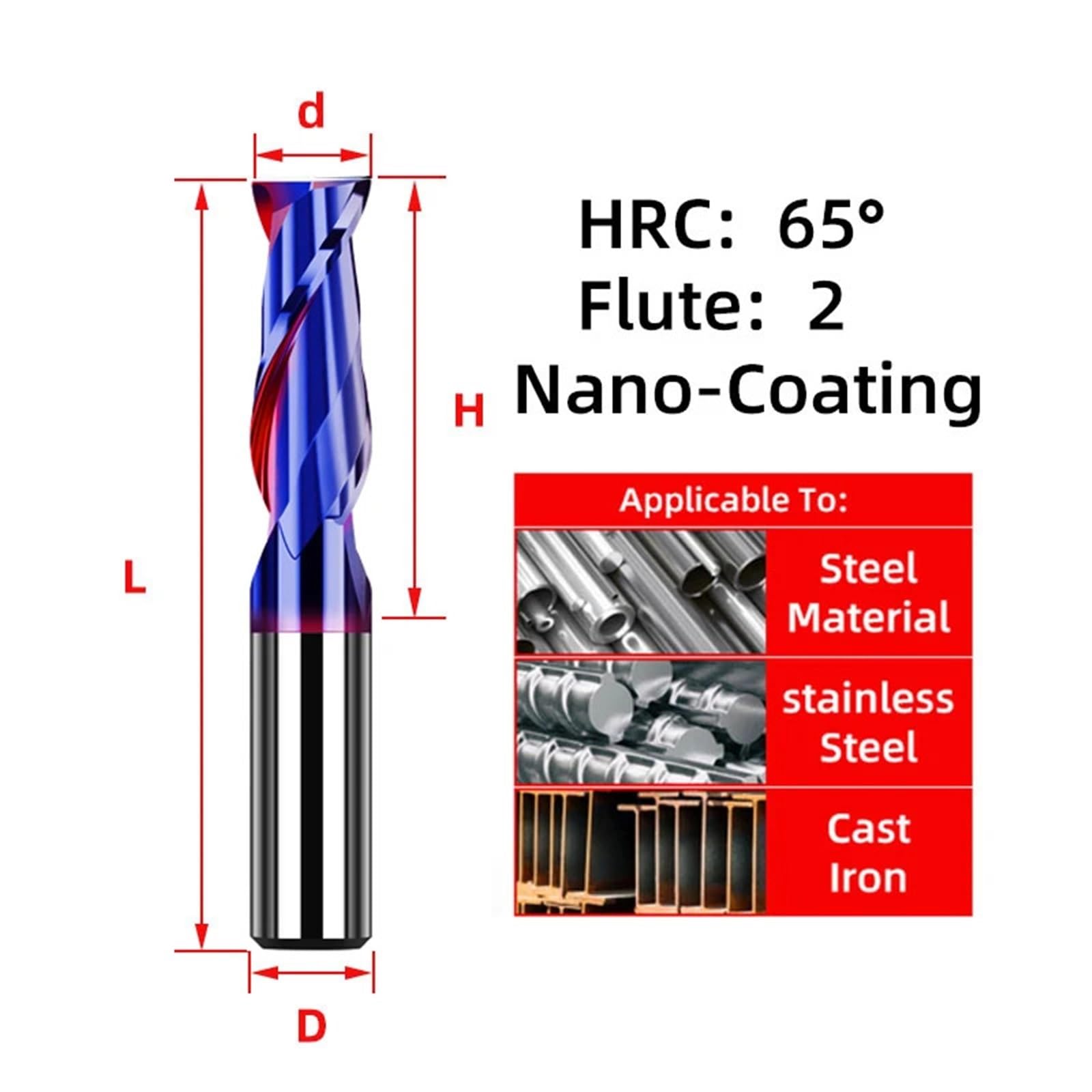 Fresas de extremo de carburo HRC65 de 2 flautas, brocas de enrutador de Metal, fresa de acero de tungsteno, herramienta de torno CNC, fresa plana recubierta(D6xD6x50L)