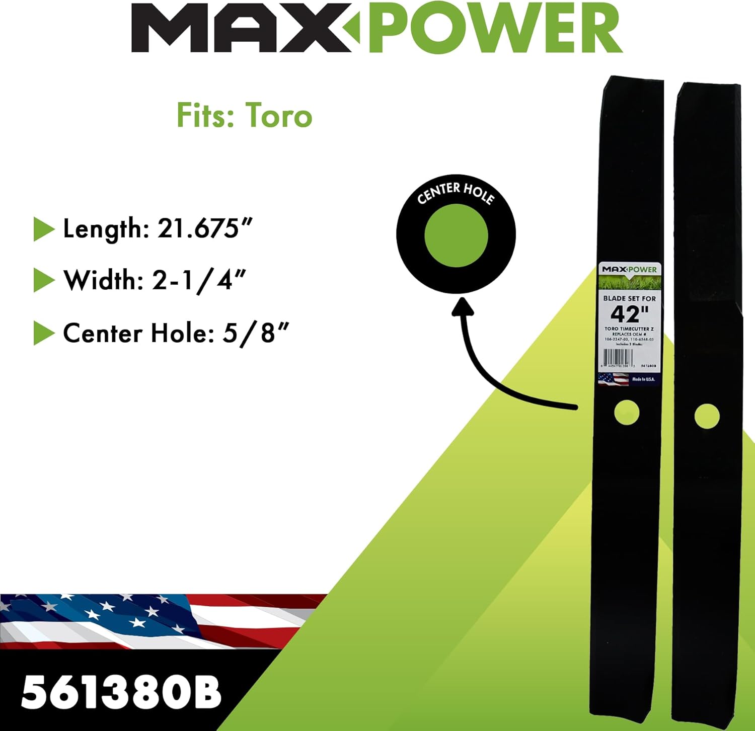 MaxPower 561380B 2 Blade Set for Many 42 in. Cut Toro TimecutterZ Mowers Replaces OEM #'s 106-2247-03, 110-1857-03 and 110-6568-03