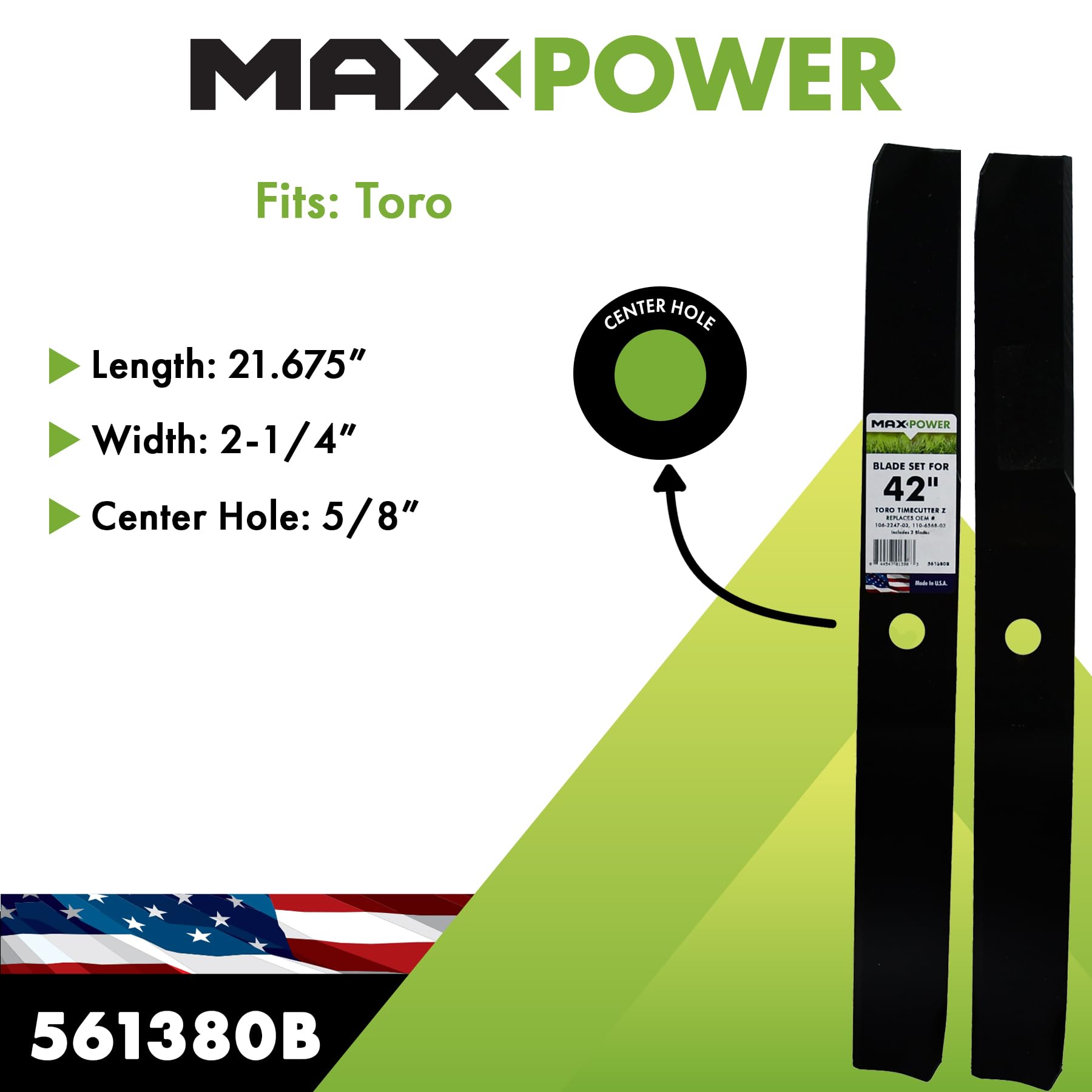 MaxPower 561380 Juego de 2 cuchillas para 42" Cut Toro TimecutterZ reemplaza, 106-2247-03, 110-1857-03, 110-6568-03