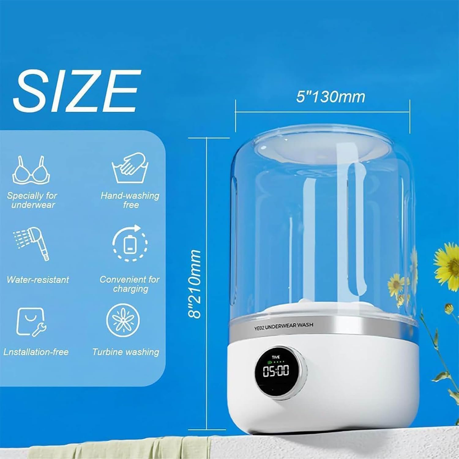 Portable Ultrasonic Laundry Cup, Portable Turbo Spin Washing Cup – USB-C Rechargeable Cordless Mini Washer for Underwear & Delicates, Travel, Dorm, RV
