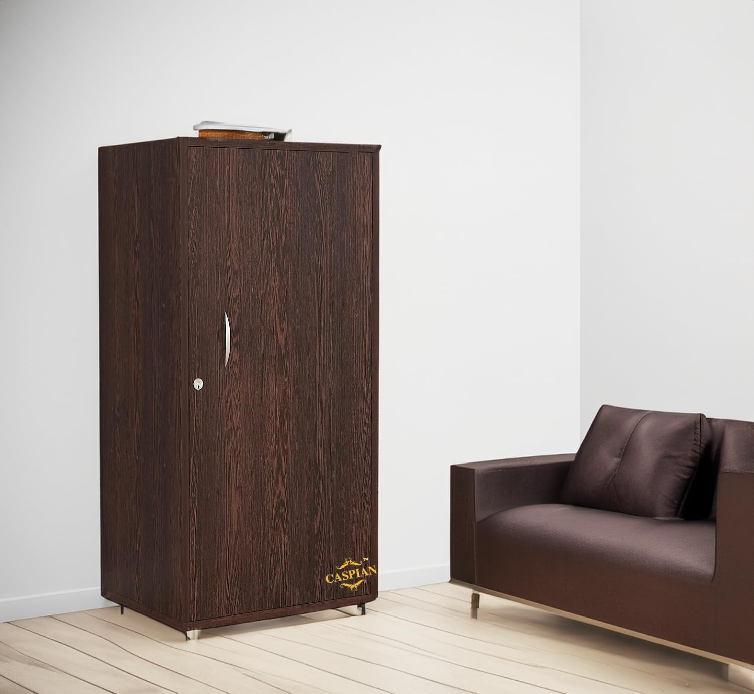 CASPIAN Engineered Wood Single Door Wooden Multipurpose Cabinet (Rainforest Brown) | Pre-Assembled Vertical Furniture | Storage Organizer for Indoor/Outdoor Use | 3 Compartments with Door Lock