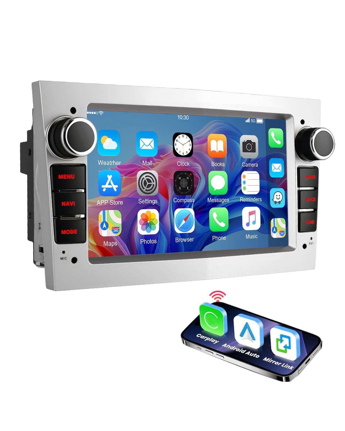 ESSGOO 4+64G Wireless Autoradio Android 15 mit Carplay und Android Auto Für Opel Astra H Corsa C/D Vectra C Zafira 7 Zoll IPS Touchscreen Bluetooth FM RDS GPS Silber Mikrofon