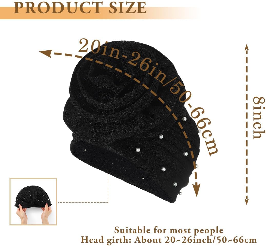 Bohend Big Flower Glitter Pleated Headwrap Cap Pearl Pre Tied Turbans Beanie Knotted Bonnet Stretch Headscarf Hat Women - Image 2