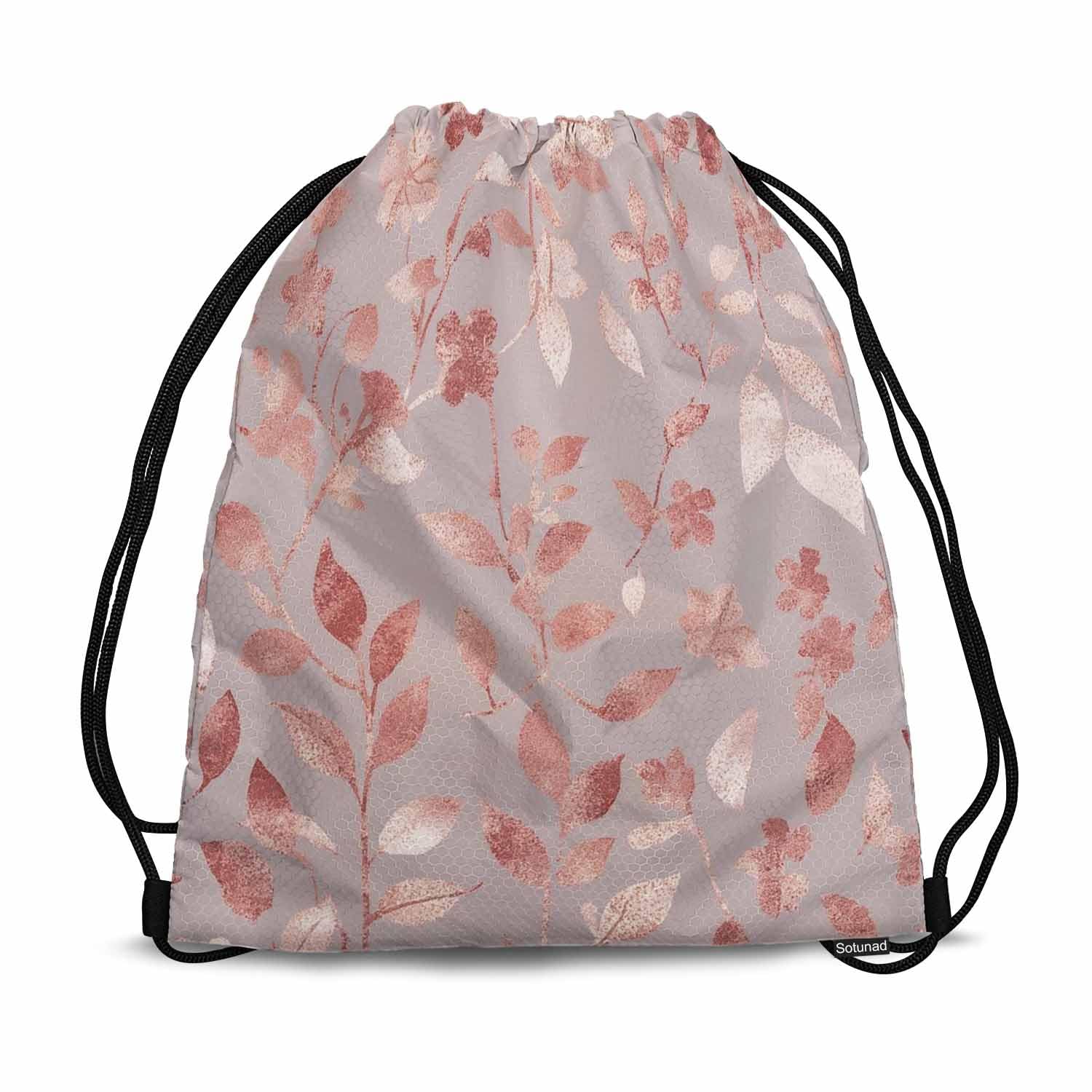 Sotunad Rose Gold Drawstring Backpack Elegant Texture With Floral Pattern Shinning Leaf for Swim Bag for Beach Swim Swimming Pool Drawstring Bags