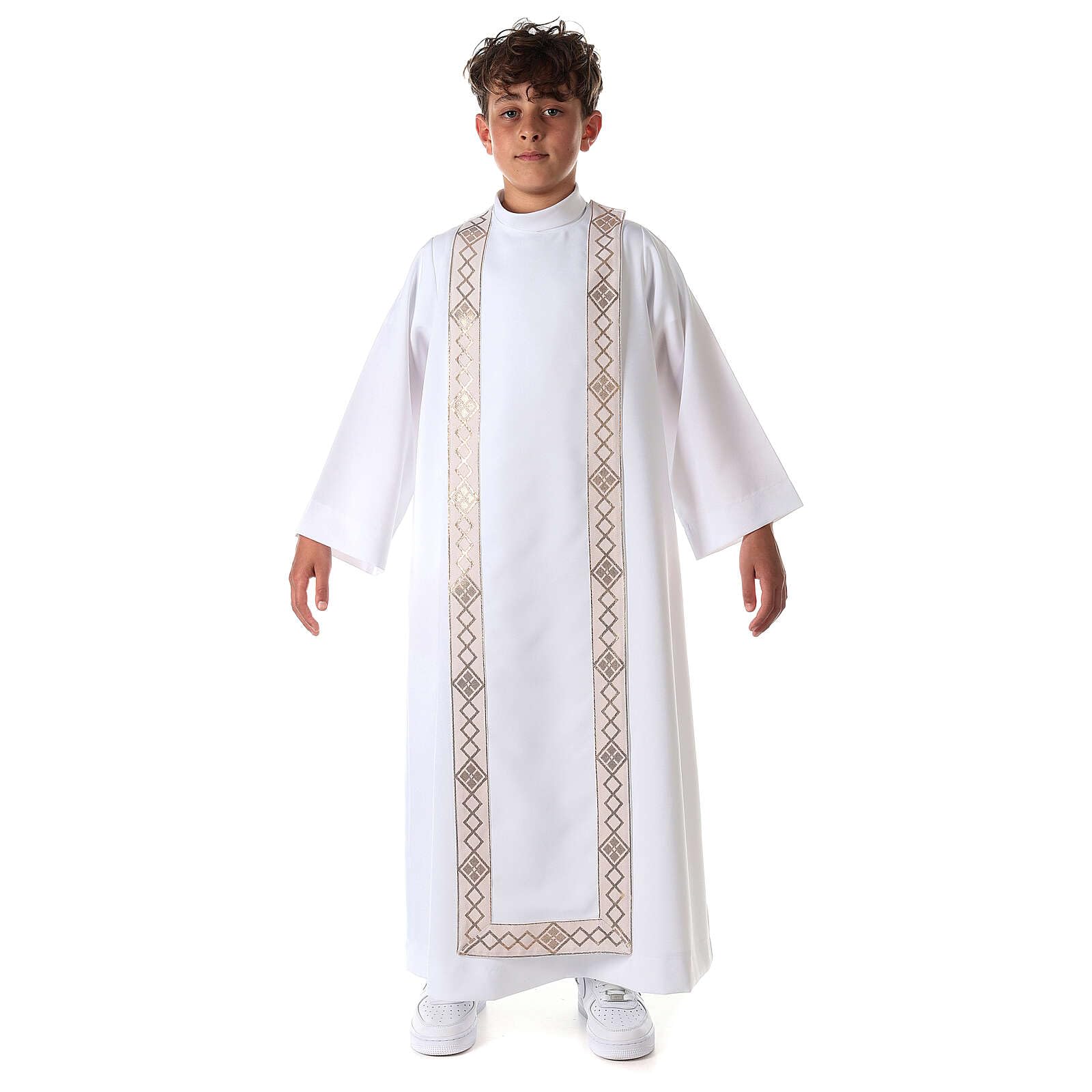 Holyart Stroje do Pierwszej Komunii: Alba komunijna unisex szkaplerz złote brzegi, 130 cm (51 inc.)