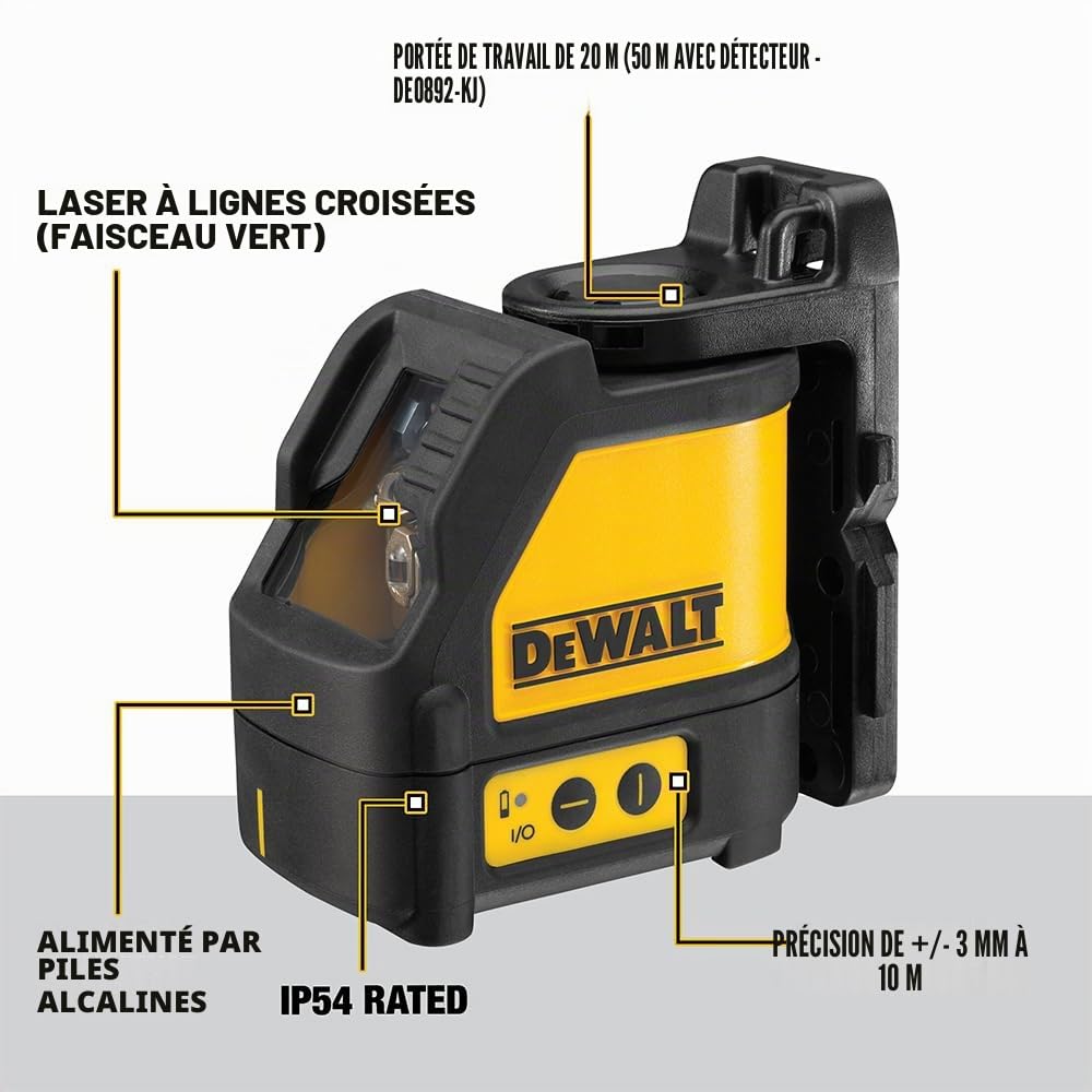 DEWALT - Laser Croix Autonivelant - Faisceau Vert - IP54 - +/- 3mm par 10m - Support de Rotation Magnétique - Raccordement au Trépied 1/4" - DW088CG-XJ