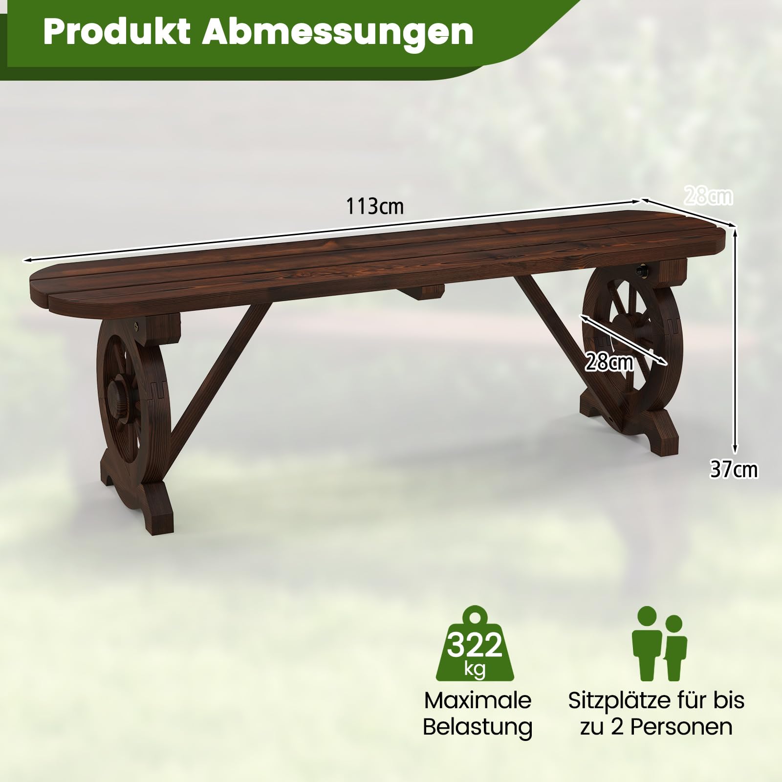 COSTWAY Gartenbank ohne Rückenlehne, wetterfeste Sitzbank, Holzbank für 2-3 Sitzer bis 325 kg belastbar, Terrassenbank aus Holz, Parkbank im Wagenrad-Design für Garten, Balkon, 113 x 28 x 37 cm