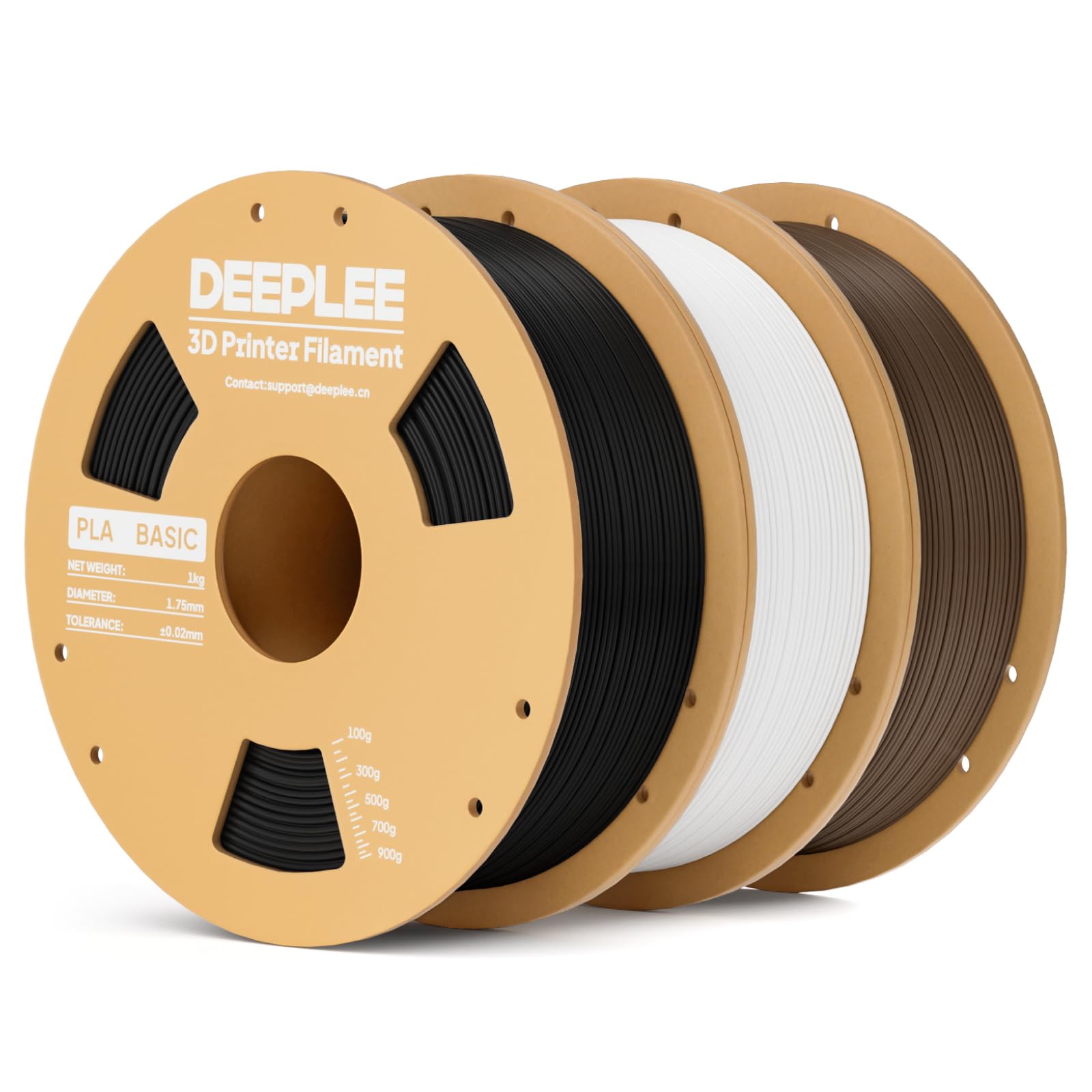 DEEPLEE PLA Basic Filamento 1.75mm, Precisione ±0.02mm, Avvolto Perfettamente Antiostruzione, per la Maggior Parte delle Stampanti FDM, Nero/Bianco/Marrone 3KG