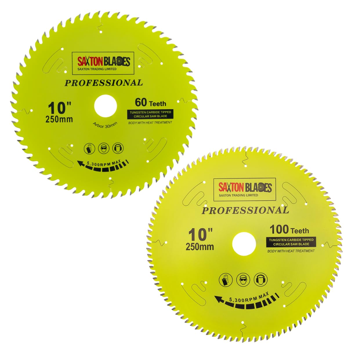 TCT250MXATPRO Saxton Professional Range TCT - Hojas de sierra circular de 250 mm, 60 y 100T x 30 mm, 16, 20, 25 mm, anillos de reducción compatibles con Bosch Makita Dewalt, etc