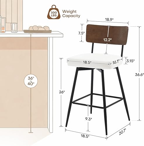 Miniatura 2 de Juego de 2 taburetes de bar giratorios de 26 pulgadas de altura de mostrador con respaldo de madera, taburetes de bar tapizados de piel sintética